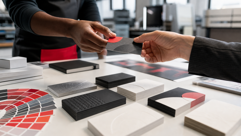 Premium business card printing samples in a professional print studio