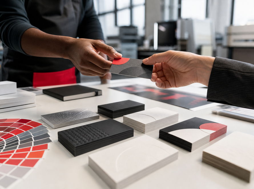 Premium business card printing samples in a professional print studio