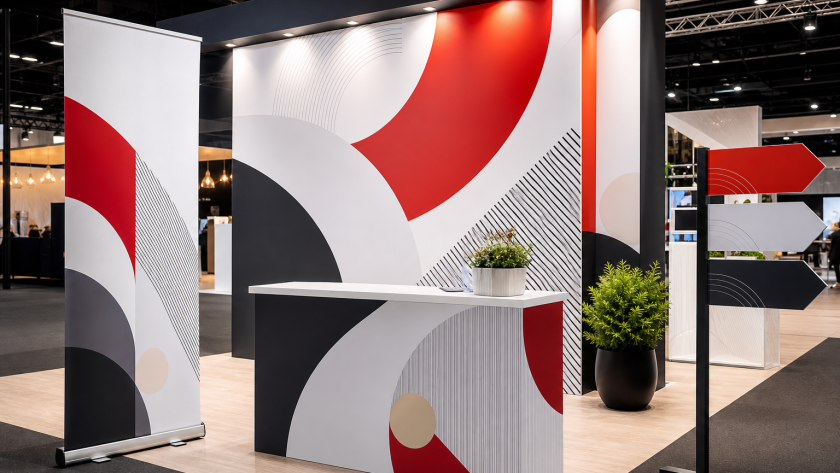 Large format printing display with banner wall, pull-up banner and event signage