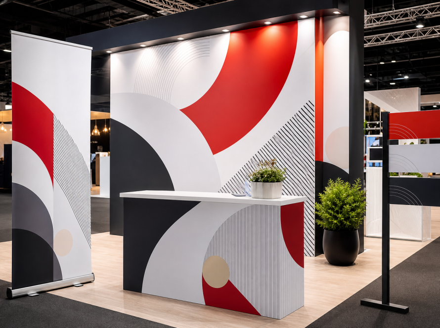 Large format printing display with banner wall, pull-up banner and event signage