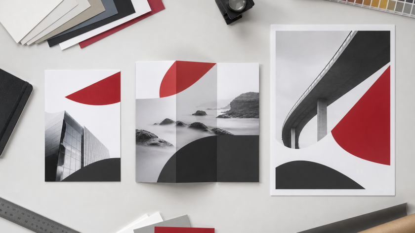 Flyer, folded brochure and poster print formats arranged for comparison