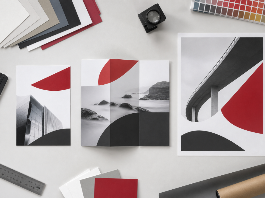 Flyer, folded brochure and poster print formats arranged for comparison