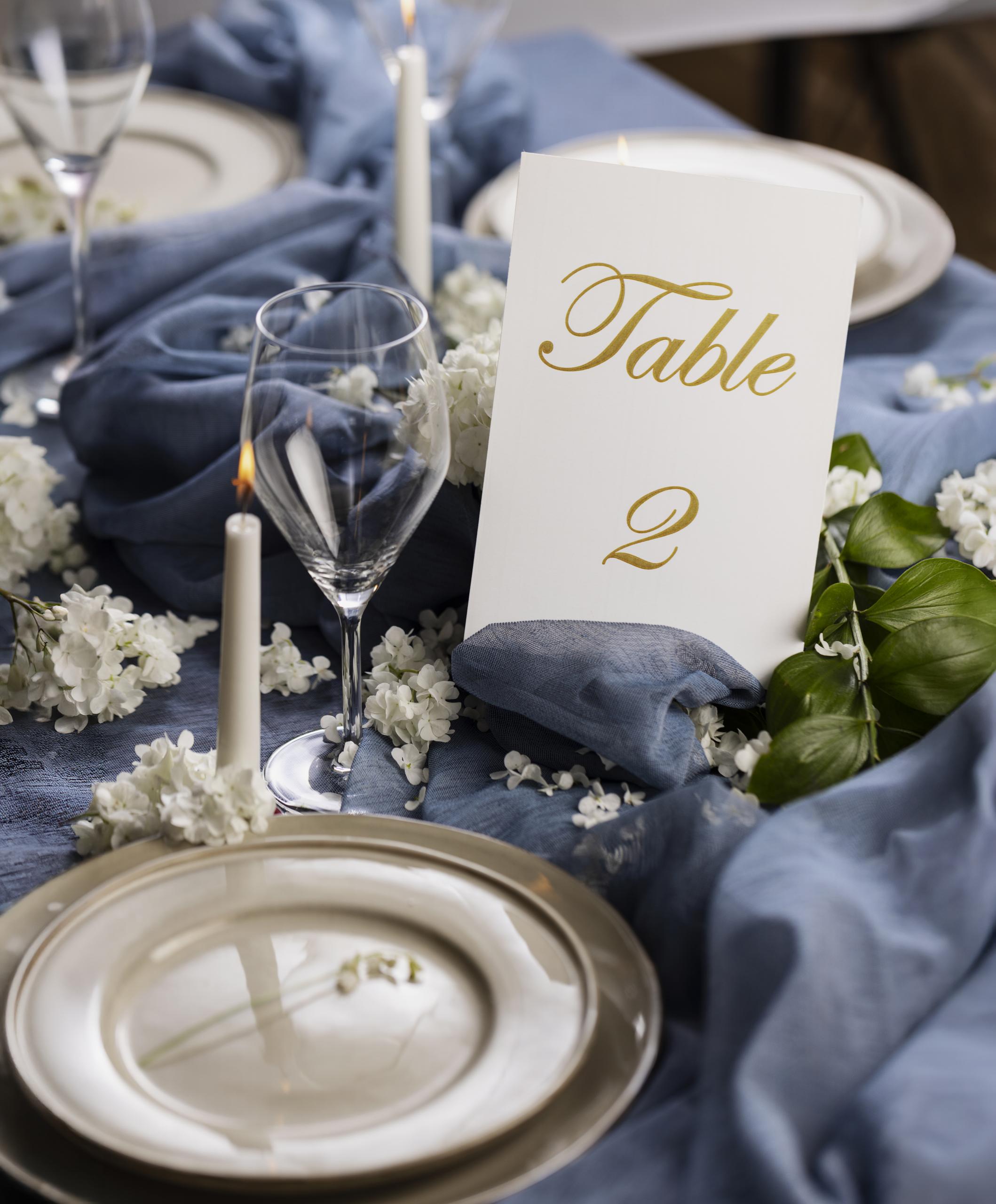 Styled wedding table photographed from above with coordinated place settings