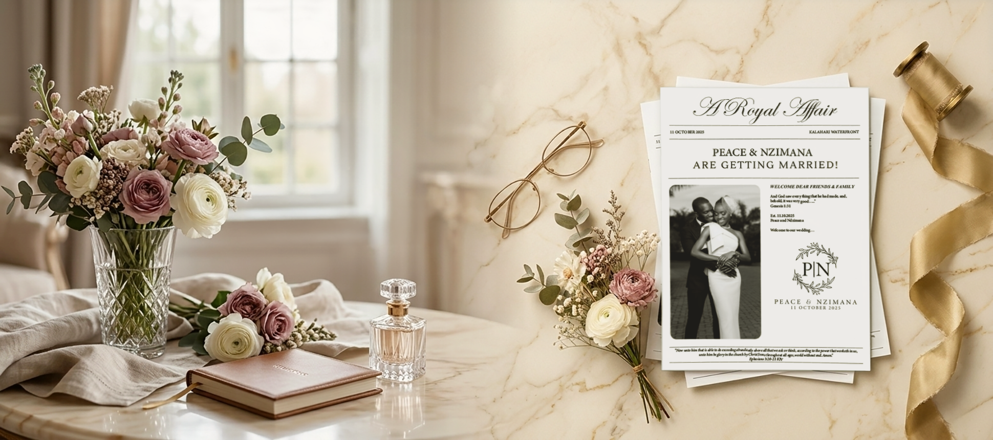 Elegant bespoke wedding stationery arranged for a refined celebration