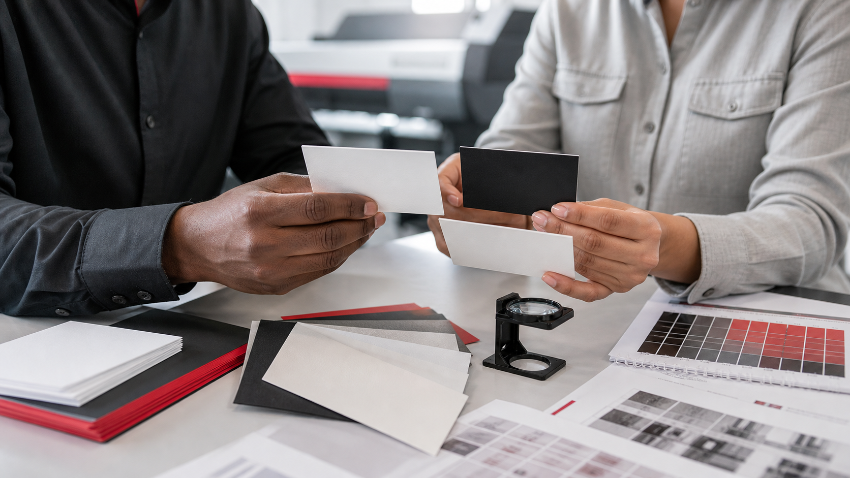 Print consultant and business owner comparing business card paper stocks and finishes