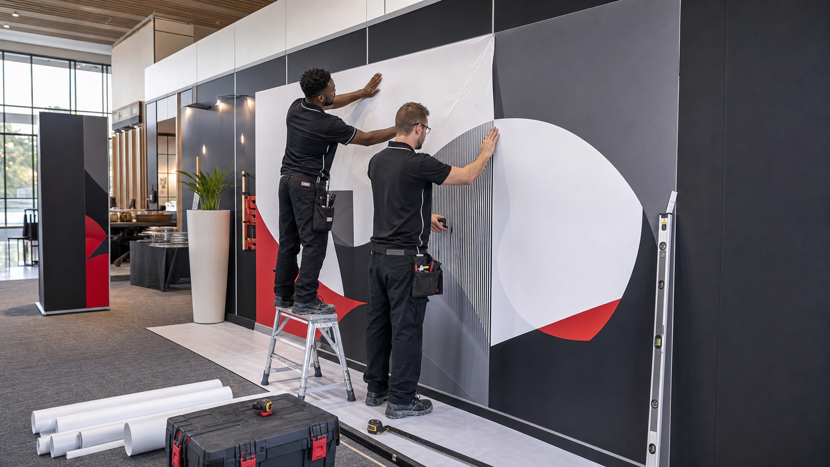 Installers applying a large-format wall graphic at a modern event venue