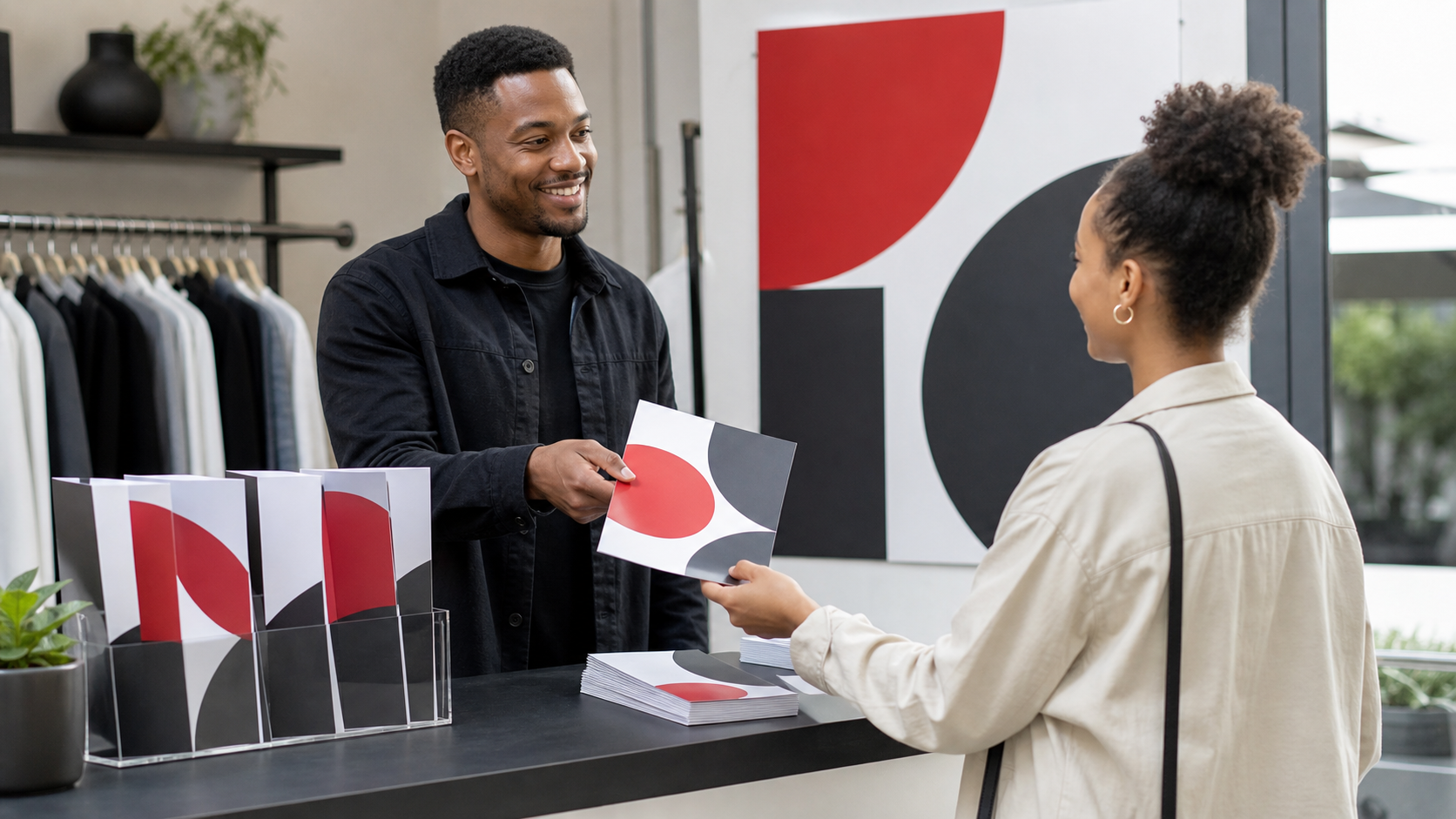 Small business using flyers, brochures and a poster together at a customer-facing display